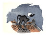 Lithographie encre rouge,noire,bleue d'aprs bois grav Un Chat sur le tot